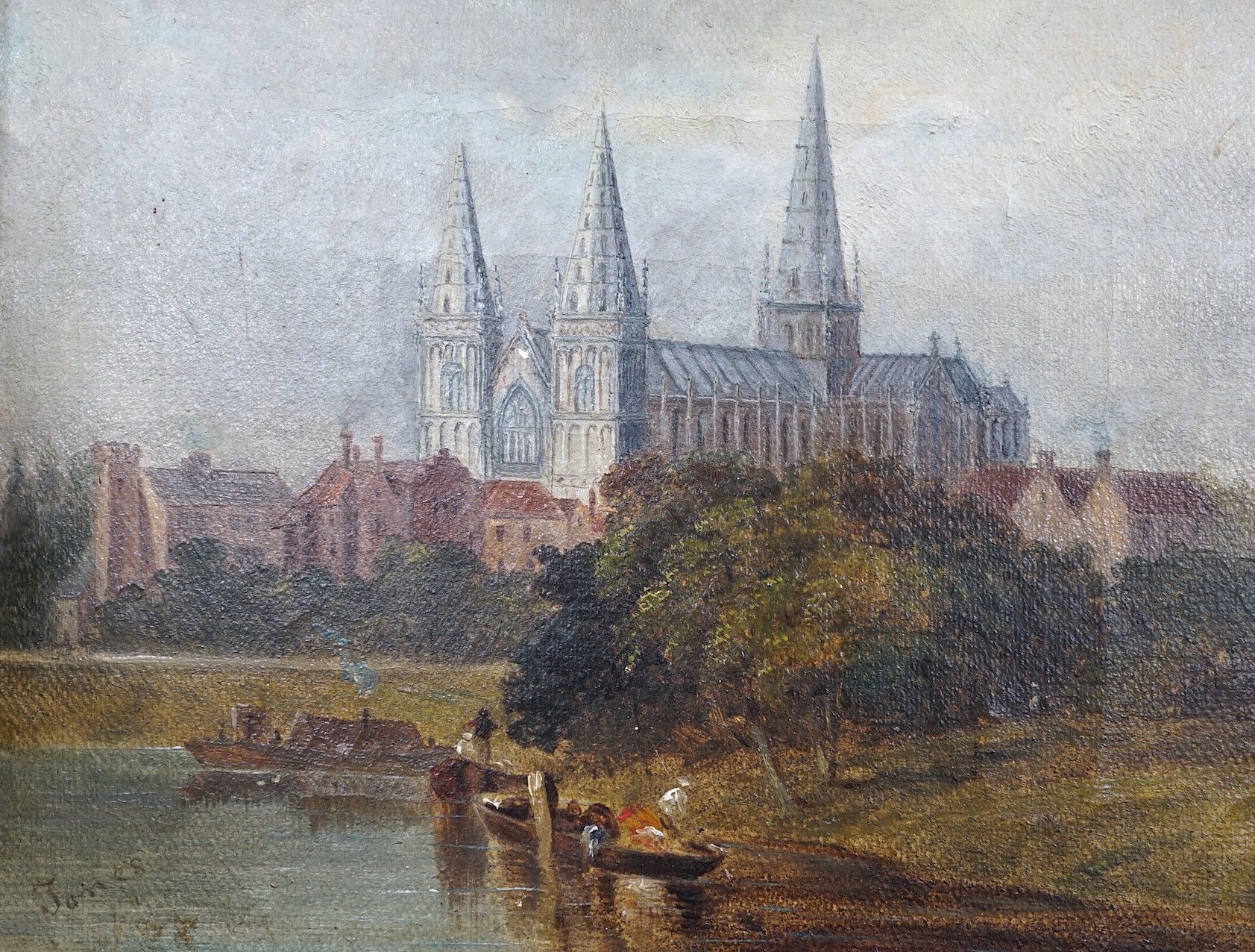 Jones (19thC English School), oil on canvas laid on board, View of a cathedral town, signed, 20 x 25cm